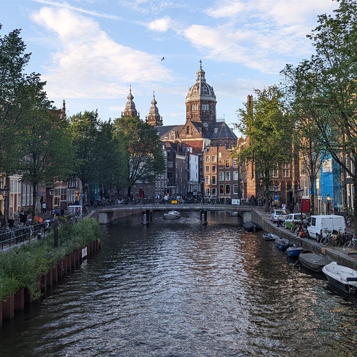 Canal-side cityscape in Amsterdam, Netherlands